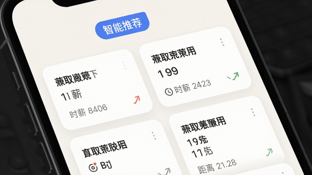 �����ְAPP��ְλ�Ƽ�ҳ�棬�����С������Ƽ�����ǩ���·�չʾ�����ְ��Ƭ����Ƭ���и�λ���ơ�ʱн�;��룬����Ϊ��͵ĻҰ�ɫ��������ˬ�����ÿ�Ƭʽ���֣�ϸ�ڷḻ�������������޶���Ԫ�ء�