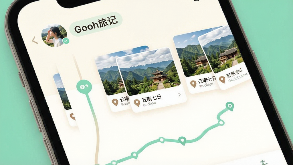 一幅现代简约风格的手机应用界面预览图,主体是Gooh旅记的旅行日记时间轴页面,上方显示用户头像与旅程标题“云南七日”,中间是错落有致的照片卡片与地点标记,下方有路线轨迹线条贯穿,整体排版清晰,配色以暖白和薄荷绿为主,画质干净,无多余元素,界面中文字显示“Gooh旅记”