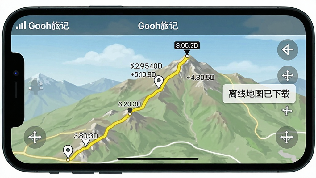 一张Gooh旅记离线地图功能的实拍图,手机横屏显示,地图上有黄色轨迹线从山脚延伸到山顶,几个标记点带有海拔数字,屏幕边缘有“离线地图已下载”的提示框,整体风格实用清晰,画质干净,无多余元素,顶部有“Gooh旅记”字样