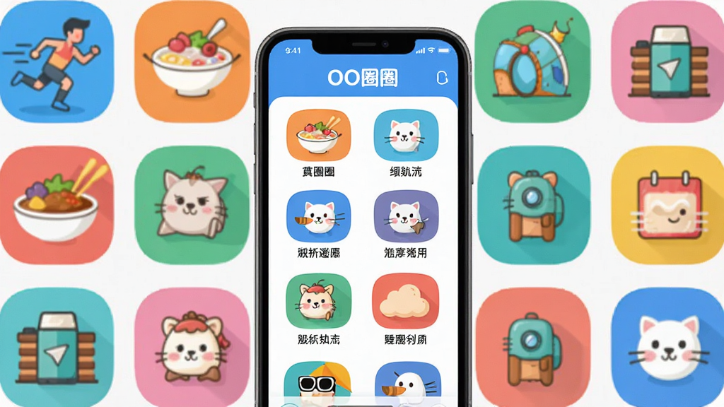 主体:手机界面展示OO圈圈的兴趣圈列表,每个圈子都有醒目的图标和名称。布局:手机居中,周围环绕着代表不同兴趣的图标,如运动、美食、旅行等。风格:卡通扁平化,色彩鲜艳,细节丰富。画质:高清,干净,无多余元素,画面中文字需标注“OO圈圈”。