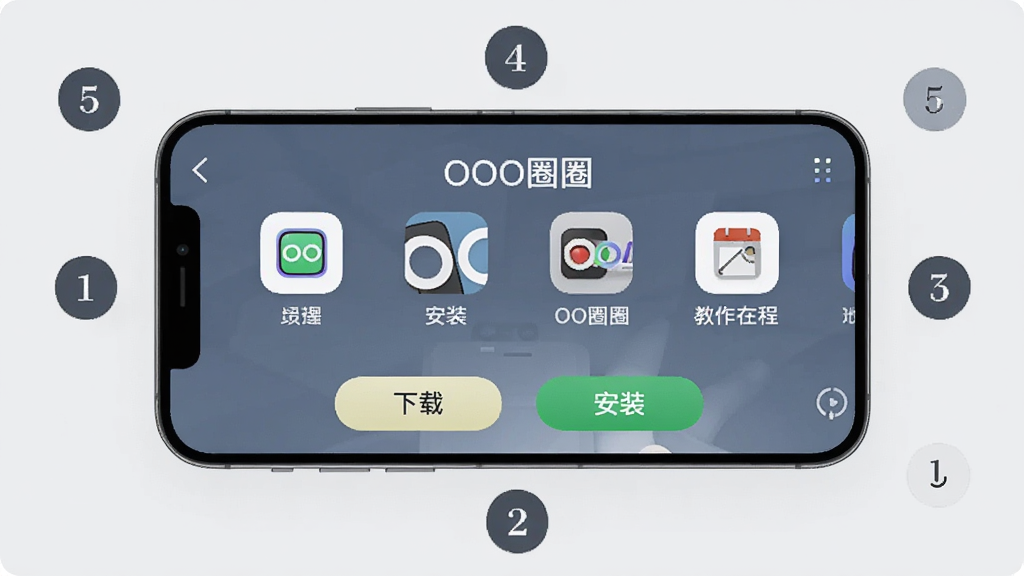 主体:手机横向展示OO圈圈的使用教程界面,底部有“下载”和“安装”按钮。布局:手机居中,背景为浅灰色,周围有步骤序号圆标。风格:简洁教程风,图标清晰,细节丰富。画质:高清,干净,无多余元素,画面中文字需标注“OO圈圈”。