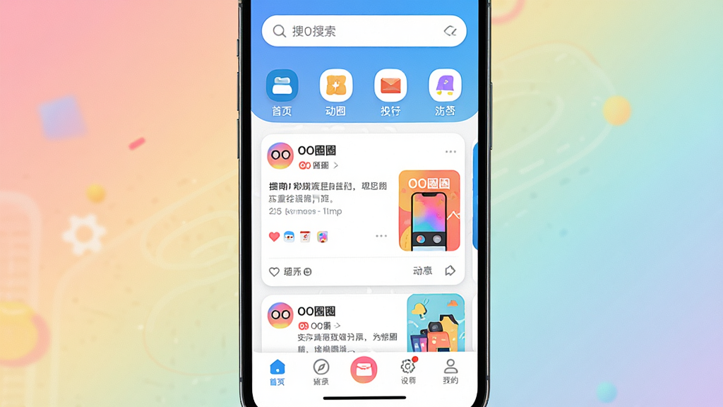 主体:手机屏幕显示OO圈圈APP主界面,界面布局清晰,上方为搜索栏和功能图标,中部为动态信息流卡片,底部为导航栏。布局:居中构图,手机占据画面主体,背景为柔和的渐变色。风格:现代扁平化,色彩明快,细节丰富。画质:高清,干净,无多余元素,画面中文字需标注“OO圈圈”。
