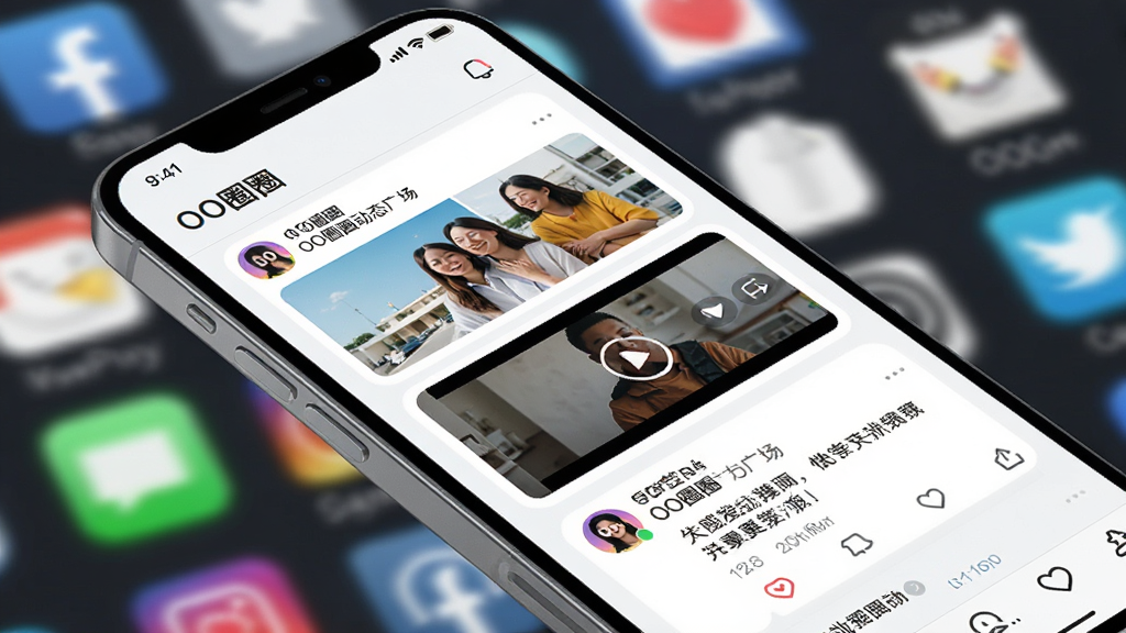 主体:手机屏幕展示OO圈圈动态广场,信息流中包含图片、视频和文字动态卡片。布局:手机斜放,背景为模糊的社交元素,突出内容卡片。风格:明亮清新,现代感强,细节丰富。画质:高清,干净,无多余元素,画面中文字需标注“OO圈圈”。