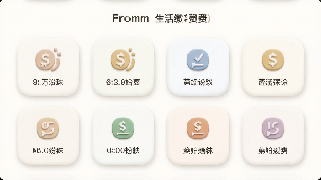 主体为Fromm生活缴费页面,各类缴费图标排列,布局均衡,排版直观,柔和圆角风格,细节精致,画质干净,无多余元素