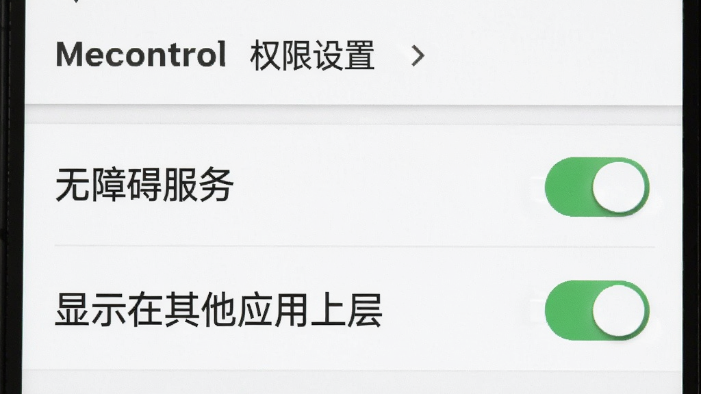 一张手机截图,屏幕显示Mecontrol的“权限设置”页面,顶部有“无障碍服务”开关,开关处于开启状态,下方有“显示在其他应用上层”选项,同样为开启状态,背景为白色界面,文字清晰,风格朴素,画质干净,无多余元素