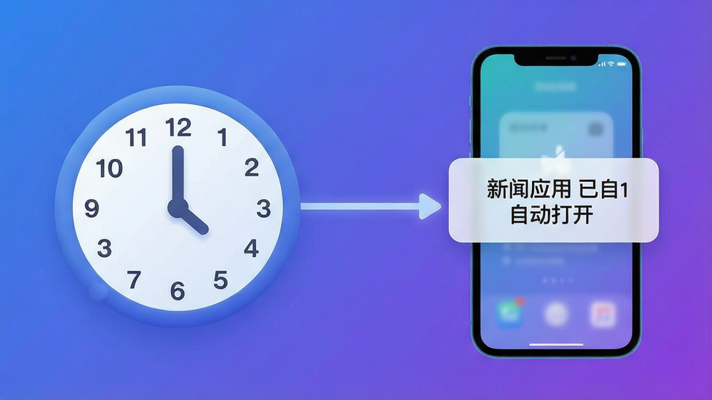 一张时间轴与场景联动示意图,画面左侧为时钟图标,时间指向7:00,右侧为手机屏幕,显示“新闻应用已自动打开”的提示,中间有连接线表示触发关系;整体背景为渐变蓝紫色,图标风格圆润,文字清晰,画质高清,无多余元素