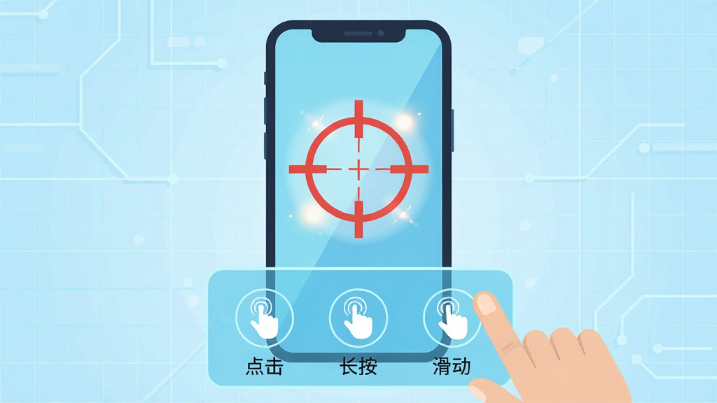 一张动画风格示意图,画面中央是一台手机,屏幕上有一个红色十字准星标识,准星周围有微光效,表示精准定位;手机下方有虚拟手势面板,显示“点击”、“长按”、“滑动”三个图标,背景为淡蓝色科技网格,整体色调明亮,风格扁平化,画质干净,无多余元素