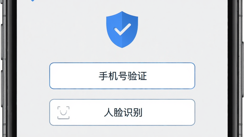 展示男岛APP身份认证页面的设计稿,页面顶部为蓝色盾牌图标,下方为“手机号验证”与“人脸识别”两个步骤提示框,背景为浅灰色,界面简洁清晰,画质干净无多余元素,突出安全认证的专业感。