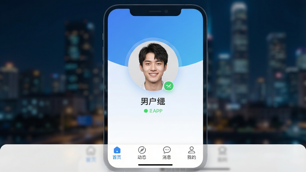 一张展示男岛APP主界面的高清截图,界面采用蓝白渐变主色调,底部导航栏清晰可见“首页”、“动态”、“消息”、“我的”四个标签,屏幕中央显示一位微笑的年轻男性用户头像与在线状态,背景为模糊的都市夜景,整体风格现代简约,画质细腻干净,无多余文字,突出社交应用的温暖与科技感。