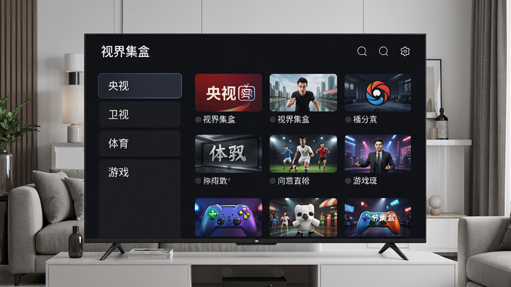 一张直播功能界面图,主体为智能电视屏幕,屏幕中显示“视界集盒”的直播频道列表,左侧为频道分类栏,包含“央视”、“卫视”、“体育”、“游戏”等标签,右侧为具体的频道名称和预览小窗,整体界面采用深色主题,TV版布局清晰,电视屏幕位于客厅背景中,画面细节丰富,风格现代,画质干净,无多余元素