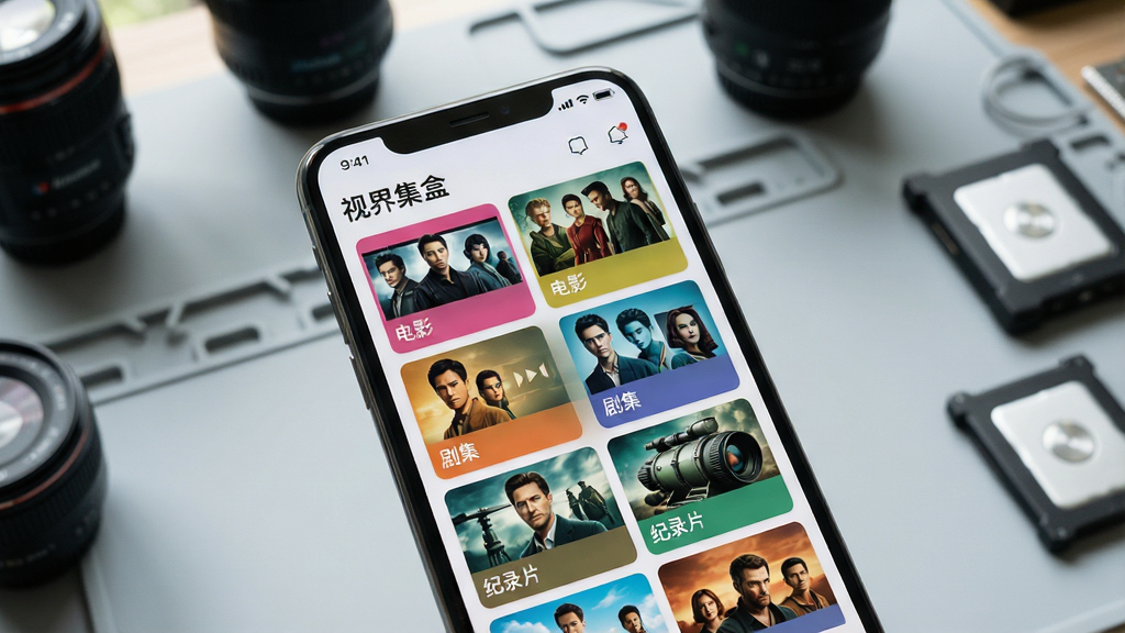 一张功能展示图,主体为智能手机屏幕特写,屏幕显示“视界集盒”的智能聚合功能界面,界面中以彩色卡片形式分类展示“电影”、“剧集”、“纪录片”等不同集盒,每个卡片上都有代表性的缩略图和名称标签,背景为浅灰色工作台面,上面散落着一些摄影器材和硬盘,画面风格写实、光线自然,突出智能分类与管理概念,画质干净,无多余元素