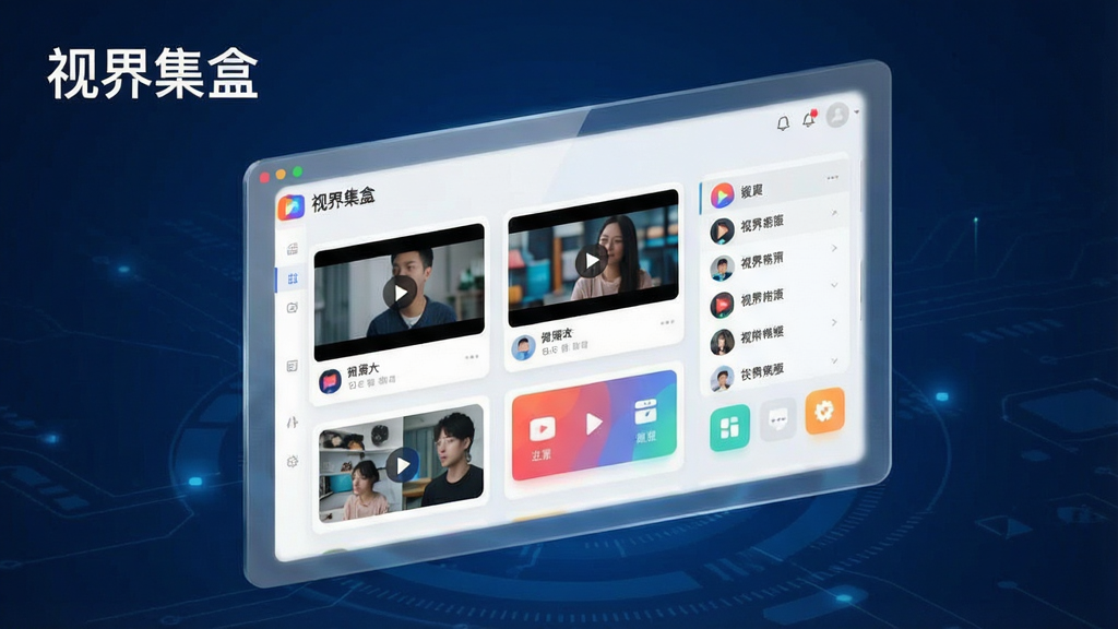 一张现代简洁风格的软件宣传主视觉图,主体为一块悬浮在深蓝色科技感背景之上的半透明玻璃质感屏幕,屏幕中展示名为“视界集盒”的软件界面,界面采用卡片式布局,包含多个视频缩略图、频道列表和功能图标,整体风格扁平化、色彩明快,左上角有“视界集盒”的白色logo文字,画面光线柔和,细节丰富,画质干净,无多余元素