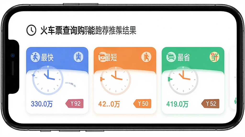 主体为手机界面展示“火车票查询购票”智能推荐结果,显示三条不同颜色的路线卡片,分别标注“最快”“最短”“最省”,布局上下排列,排版时尚,风格扁平化,细节包括时钟和价格标签,画质干净,无多余元素