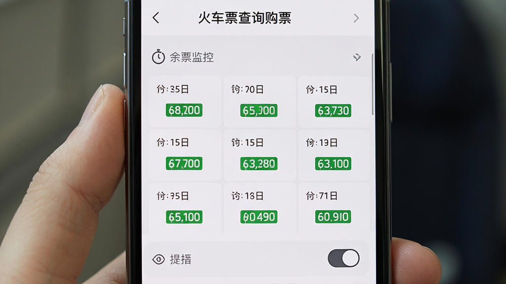 主体为一部手机屏幕显示“火车票查询购票”余票监控页面,有多个车次的余票数量绿色数字,布局网格状,排版整齐,风格简洁,细节包括倒计时图标和提示音开关,画质干净,无多余元素