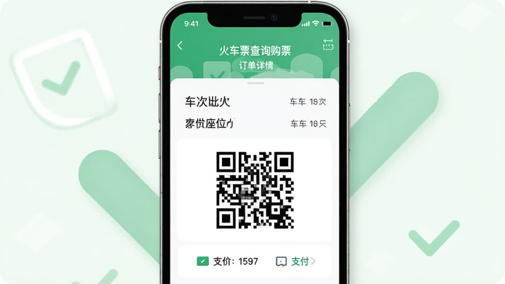 主体为手机支付成功页面,显示“火车票查询购票”订单详情,有车次、座位号、二维码,背景为淡绿色对勾,布局居中,排版简洁,风格商务,细节包括票价和支付方式图标,画质高清,无多余元素