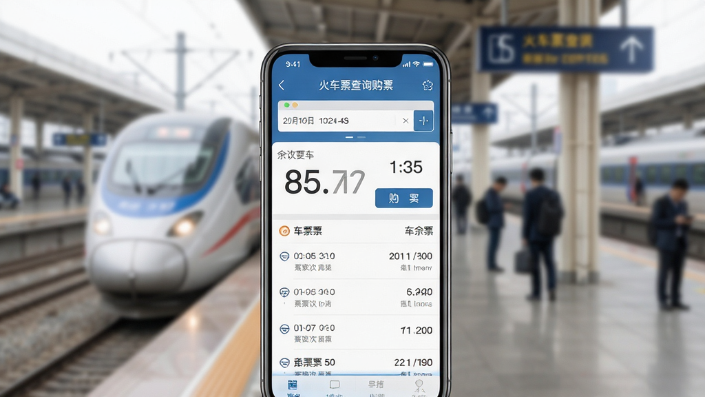 主体为一部智能手机屏幕显示“火车票查询购票”应用主界面,界面中有列车时刻表、余票数字和购票按钮,背景为模糊的火车站台,布局居中,排版清晰,风格写实,细节包括日期选择器和车次列表,画质高清,干净,无多余元素