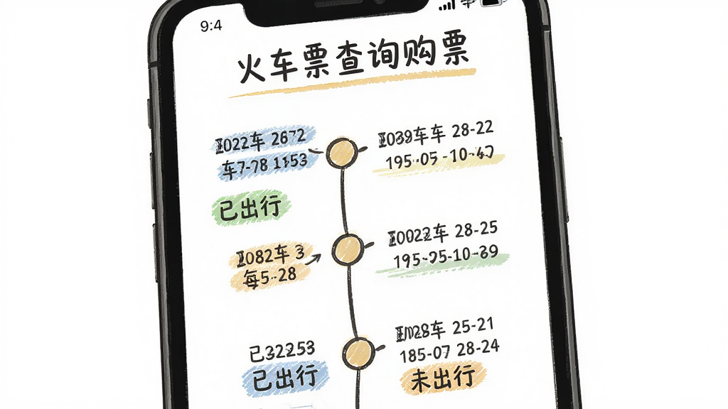 主体为手机屏幕显示“火车票查询购票”行程时间轴,有多个圆形节点连接,每个节点显示日期和车次,布局垂直排列,排版清晰,风格手绘感,细节包括已出行和未出行标签,画质干净,无多余元素