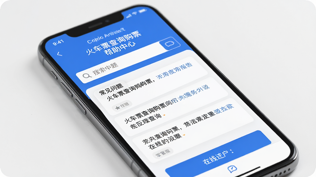 主体为一部手机显示“火车票查询购票”帮助中心页面,有常见问题列表和在线客服按钮,布局列表式,排版简洁,风格服务感,细节包括搜索框和反馈入口,画质干净,无多余元素