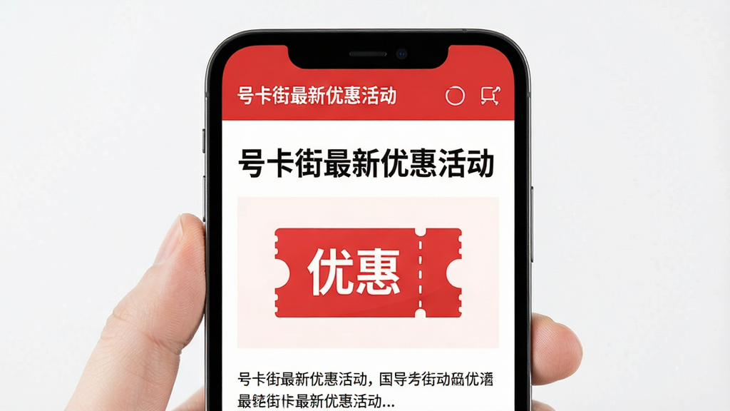 画面主体为一部手机屏幕,屏幕上显示一篇资讯文章,文章标题为“号卡街最新优惠活动”,配图是红色的优惠券图标。布局为上下结构,上方是文章头部,下方是正文预览。排版简洁,色彩以白色和红色为主,风格清新明快,细节上突出“优惠”二字,画质干净,无多余元素。