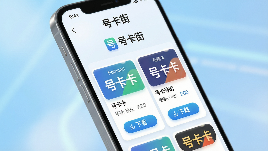画面主体为一部智能手机屏幕特写,屏幕中显示“号卡街”APP主界面,界面清晰展示各类号卡套餐卡片与下载按钮。布局采用居中构图,手机略微倾斜,背景为浅蓝色渐变虚化,营造科技感与清爽感。排版上,手机屏幕中的文字“号卡街”清晰醒目,界面元素排列有序。风格为现代扁平化结合轻微3D质感,细节上高光与阴影自然,画质高清干净,无多余元素。
