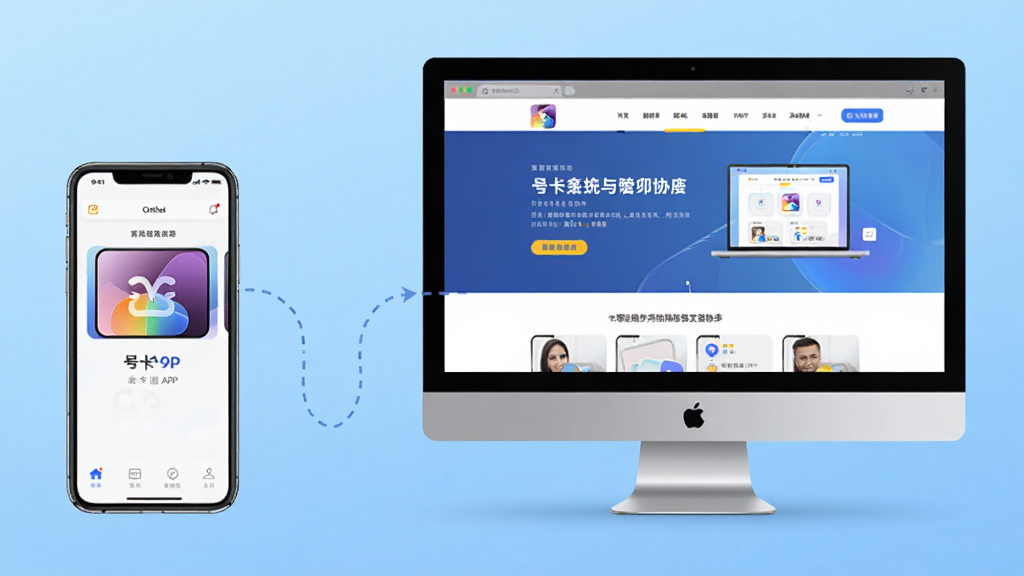 画面主体为一部手机和一台电脑并排放置,手机屏幕显示号卡街APP界面,电脑屏幕显示官网页面。布局采用平视视角,两者之间有一条虚线连接,代表数据同步。排版上,背景为浅蓝色渐变,风格科技感,细节上强调跨设备协同,画质高清干净,无多余元素。