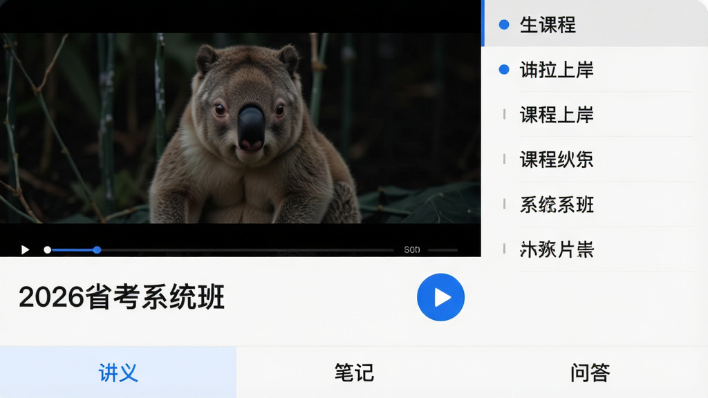 考拉上岸APP课程播放页面,视频窗口占据上半部分,下方显示课程标题“2026省考系统班”,右侧有课程目录列表,底部有“讲义”、“笔记”、“问答”三个标签,整体界面以深色视频区域与浅色控制区形成对比,蓝色播放按钮醒目,画质高清,布局规整,无多余元素。