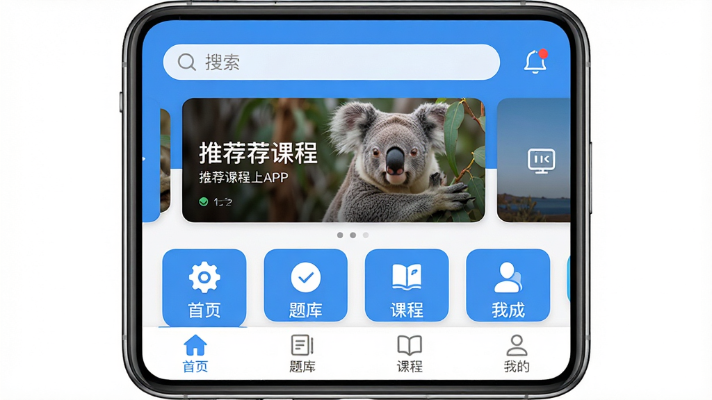 一张展示考拉上岸APP主界面的高清截图,界面包含“首页”、“题库”、“课程”、“我的”四个底部标签,顶部有搜索栏和通知图标,中间是推荐课程轮播图与功能入口图标,整体风格简约清新,以蓝色为主色调,画面干净无多余元素,画质清晰,UI设计现代,适合作为应用商店预览图。