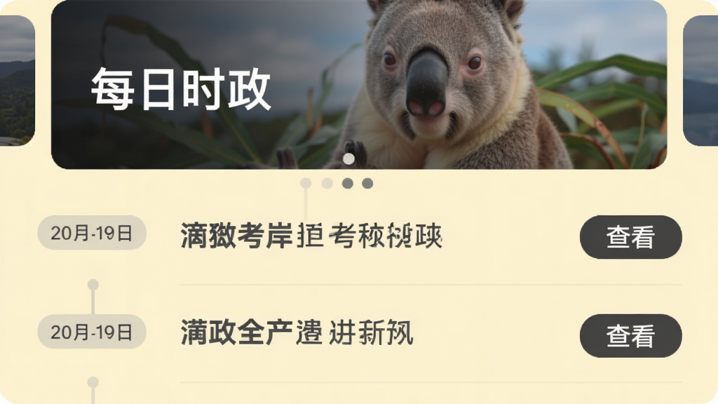 考拉上岸APP时政资讯页面,顶部为“每日时政”轮播图,下方按时间轴排列新闻条目,每条新闻左侧有日期标签,右侧有“查看”按钮,背景为浅黄色,标题文字为深灰色,整体布局清晰,画质柔和,无多余元素。