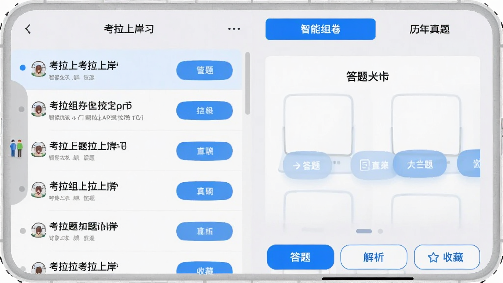考拉上岸APP的题库练习界面,左侧为题目列表,右侧为答题卡,底部有“答题”、“解析”、“收藏”按钮,界面显示“智能组卷”和“历年真题”两个选项卡,背景为淡灰色,配以蓝色高亮按钮,整体风格简洁清晰,突出功能布局,画质细腻,无多余元素。