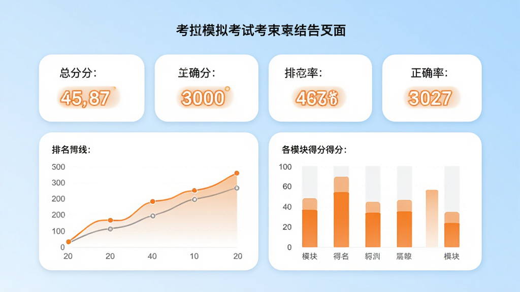 考拉上岸APP模拟考试结束后的成绩报告页面,显示总分、正确率、排名曲线图及各模块得分柱状图,背景为浅蓝色渐变,数据卡片以白色圆角矩形呈现,配以橙色高亮数字,整体风格专业直观,画质清晰,无多余元素。