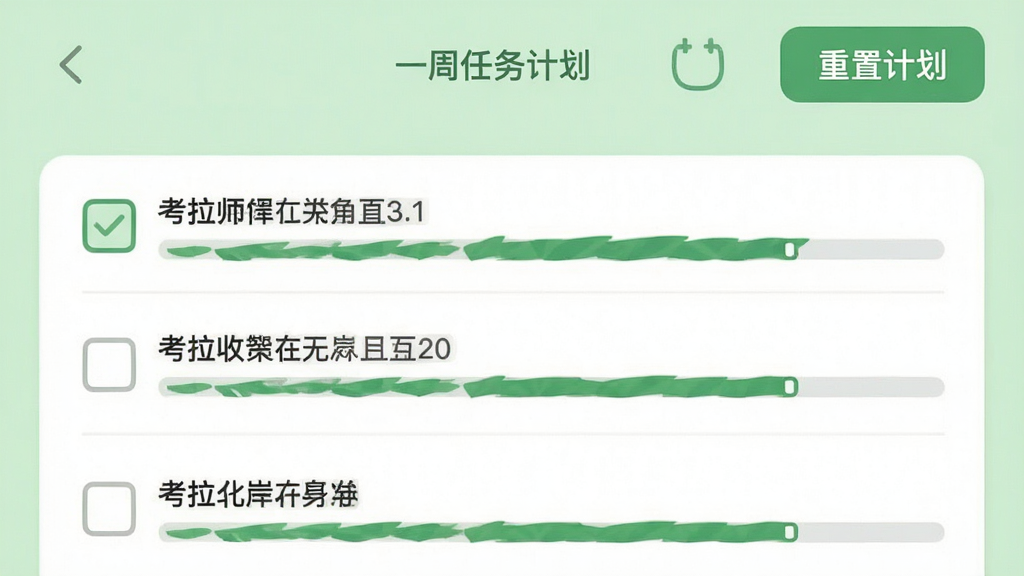 考拉上岸APP学习计划页面,显示一周任务列表,每个任务带有复选框和进度条,顶部有“重置计划”按钮,背景为浅绿色,整体风格清爽,画质干净,无多余元素。