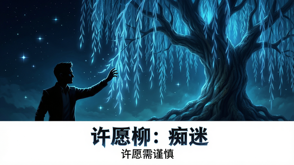 主体:一棵巨大、散发着幽蓝色光芒的古老柳树,树下站着一位 silhouetted 的剪影人物,正在伸手触碰垂下的柳枝。布局:人物位于画面左侧三分之一处,柳树占据右侧主体,形成对角线构图,引导视线从人物延伸至树冠。排版:画面下方三分之一处有留白,可叠加游戏标题“许愿柳:痴迷”及副标语“许愿需谨慎”。风格:超现实主义数字绘画,光影对比强烈,带有神秘、悬疑的电影海报质感。细节:柳枝呈现出半透明的能量流质感,周围漂浮着点点星光,人物面部隐藏在阴影中,只露出坚定的侧脸轮廓。画质:8k超高清,细节丰富,色彩深邃,干净无多余元素。