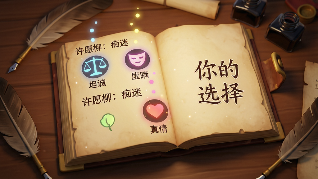 主体:一个发光的古典书籍翻开在桌面,书页上浮现出由光点组成的决策选项图标,如“坦诚”、“隐瞒”、“祈求”。布局:俯视视角,书籍位于画面中央,周围散落着老旧的羽毛笔和墨水瓶。排版:书页左侧清晰显示“许愿柳:痴迷”字样,右侧留白处浮现“你的选择”四个艺术字。风格:精致的3D渲染结合2D手绘特效,画面温暖而富有质感,带有叙事冒险游戏的氛围。细节:每个选项图标都有不同的颜色与符号,如天平代表公正,面具代表虚伪,心形代表真情,光点向上飘散。画质:高分辨率,景深效果自然,画面干净整洁,无多余干扰元素。