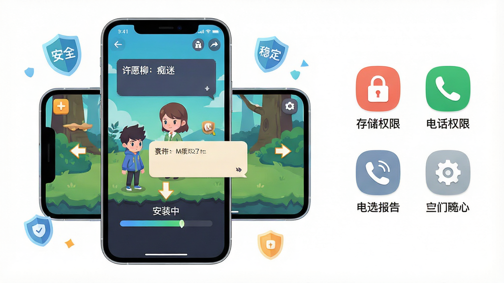 主体:一部智能手机横屏显示着“许愿柳:痴迷”的游戏画面,画面中主角正在与NPC对话。布局:手机位于画面中央偏左,右侧留白处用图示标注着“存储权限”、“电话权限”等设置图标。排版:手机屏幕上方显示游戏内对话界面,下方有“安装中”的进度条演示。风格:扁平化UI插画风格,颜色清新亮眼,信息展示清晰直观。细节:手机屏幕上有清晰的操作提示箭头,周围漂浮着代表“安全”、“稳定”的小盾牌图标。画质:干净整洁,高清晰度,无多余元素。