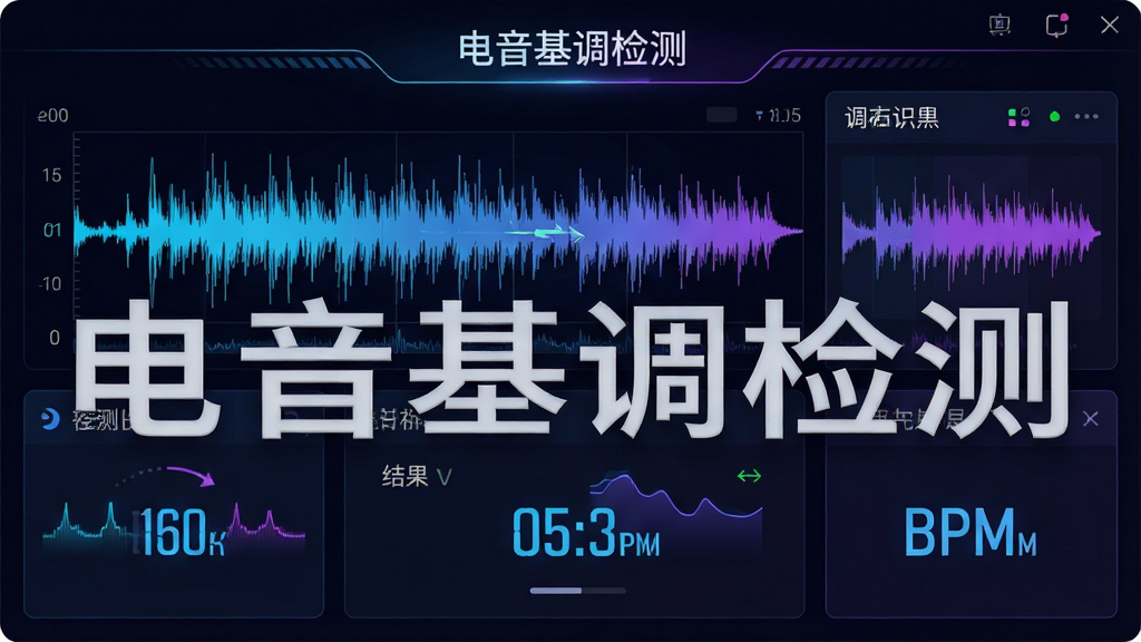 一张展示电音基调检测软件主界面的高清截图,界面包含波形显示、调性识别结果、BPM数值等核心信息,整体风格现代科技感,深色背景搭配霓虹蓝紫色调,布局清晰,文字标注“电音基调检测”,画质细腻,干净无多余元素
