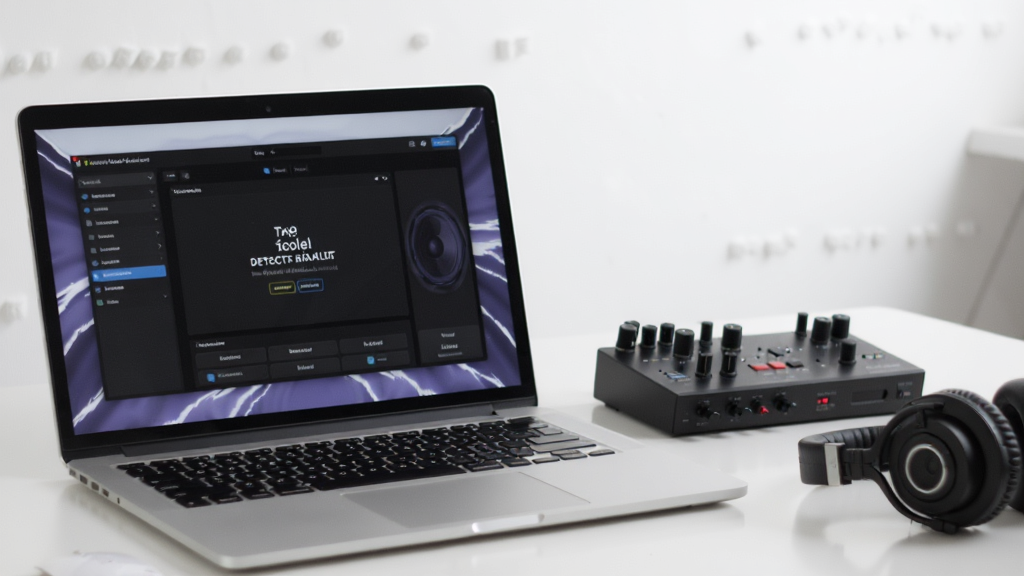 一张电音基调检测软件安装在笔记本电脑上的实拍图,屏幕显示软件主界面,旁边有外置声卡和耳机,整体环境明亮,桌面整洁,画质清晰,干净无多余元素
