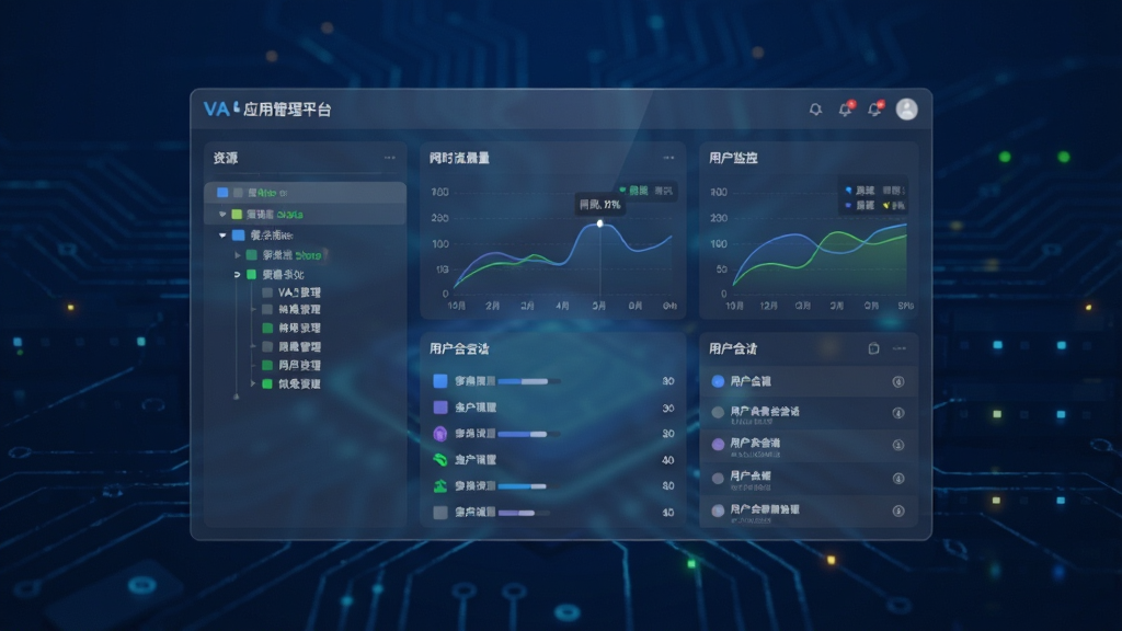 主视觉展示VA虚拟应用管理平台控制台界面,深蓝色科技感背景,中央悬浮半透明玻璃质感管理面板,左侧为资源树状列表,右侧为实时监控图表,整体布局简洁大气,扁平化设计风格,细节包含服务器状态指示灯、网络流量曲线、用户会话列表,画质清晰干净,无多余元素