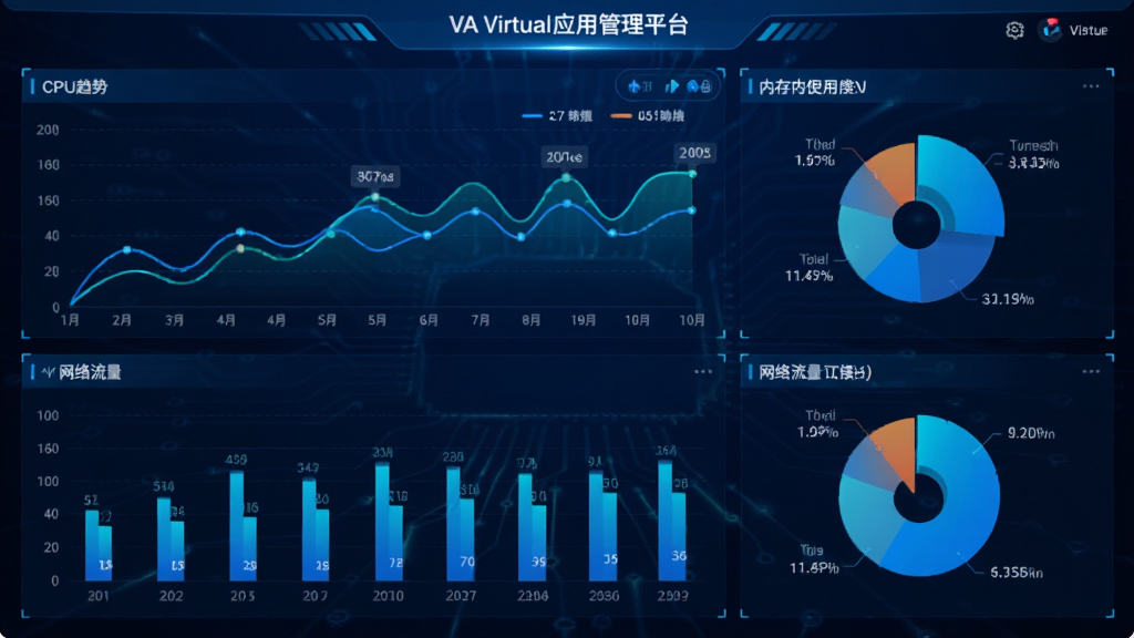 展示VA虚拟应用管理平台的监控仪表盘,包含折线图、柱状图、饼图,显示CPU趋势、内存使用、网络流量,整体为蓝色科技风格,图表动态感强,数据标注清晰,画质干净,无多余元素