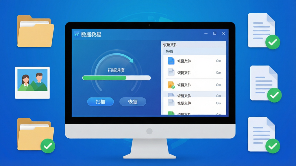 主体:数据救星软件主界面展示,电脑屏幕显示扫描进度条和恢复文件列表,周围有文件夹、照片、文档等数据图标环绕。布局:居中构图,软件界面为视觉中心,背景为科技蓝渐变。排版:界面元素清晰,按钮标识明确。风格:现代科技感,扁平化设计。细节:界面显示“数据救星”字样,扫描动画流畅,文件图标带有绿色恢复箭头。画质:高清渲染,干净,无多余元素。