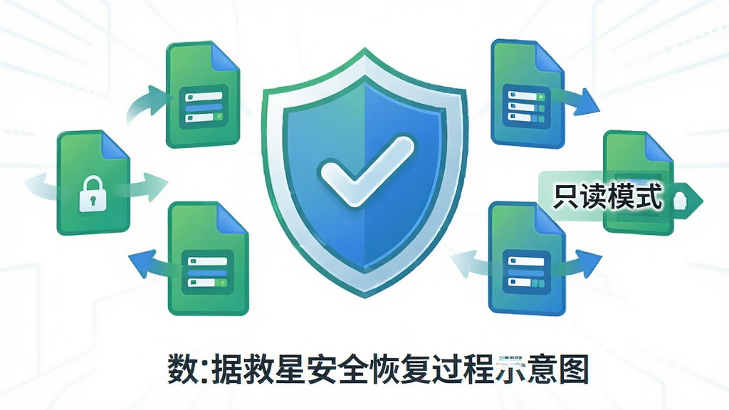 主体:数据救星安全恢复过程示意图,展示一个盾牌图标保护着正在恢复的文件,旁边有“只读模式”标识。布局:中心构图,盾牌位于中央,文件围绕其周围。排版:简洁直观,图标下方配有简短文字说明。风格:安全可靠,绿色与蓝色色调。细节:盾牌上有对勾符号,文件图标带有数据流向箭头。画质:清晰,干净,无多余元素。
