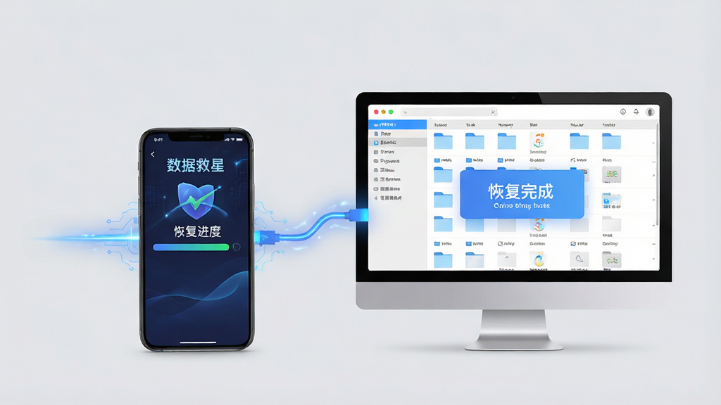 主体:数据救星在手机和电脑上同时运行的界面,手机屏幕显示恢复进度,电脑屏幕显示文件列表。布局:双设备并排展示,中间有数据连接线示意。排版:上下结构,设备居中,背景为浅灰色。风格:科技感,蓝色光线点缀。细节:手机界面有“数据救星”字样,电脑界面有“恢复完成”提示。画质:高清,干净,无多余元素。