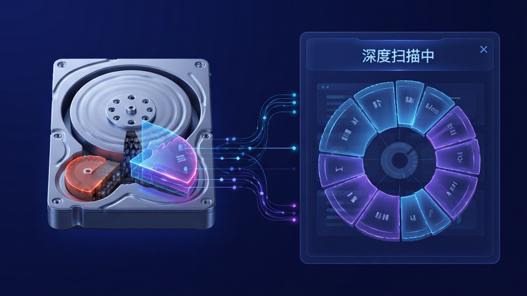 主体:数据救星深度扫描功能示意图,以硬盘剖面图形式展现数据层层扫描的过程。布局:左右结构,左侧为硬盘图标,右侧为扫描状态面板。排版:信息层级分明,数据流动线条清晰。风格:写实与科技感结合,色彩以蓝紫为主。细节:面板上标注“深度扫描中”字样,每个扇区都有动态高亮。画质:精细,干净,无多余元素。
