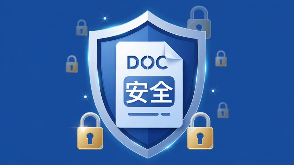 主体为盾牌图标包裹着DOC文档图形的概念图,背景为纯蓝色,盾牌中央有