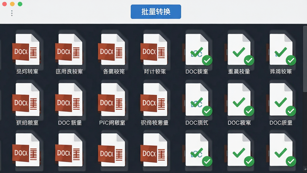 主体为多份DOCX文件图标整齐排列在转换器界面中的俯视图,界面顶部有