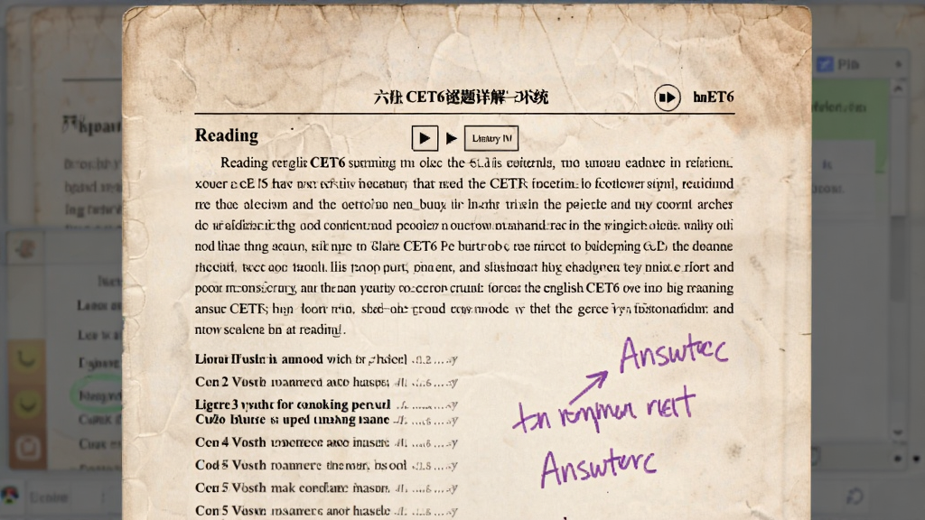 展示英语六级CET6真题详解系统中真题试卷的屏幕截图,主体为试卷阅读文章和题目列表,布局为试卷扫描样式,排版密集而清晰,风格为复古纸张质感,细节包含听力播放按钮和答案标记笔迹,画质柔和干净无多余元素