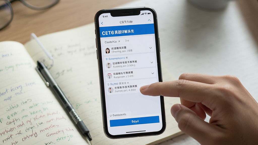 英语六级CET6真题详解系统在手机上的使用场景图,主体为手机屏幕显示答题界面,布局为竖屏居中构图,排版简洁直观,风格为写实拍摄风格,细节包含手指点触屏幕和桌面上的笔记本,画质高清自然干净无多余元素