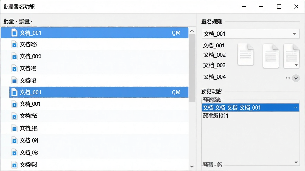展示批量重命名功能界面,列表中多个文件被选中,右侧设置重命名规则,如“文档_001”,预览区域显示新文件名,界面简洁,操作直观,风格商务,画质干净。