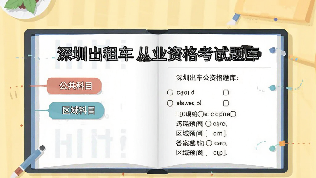 主体是一本翻开的电子书页面,页面上方写着“深圳出租车从业资格考试题库”,左侧列出“公共科目”“区域科目”两个标签,右侧显示选择题和答案选项,背景为淡黄色书桌,布局清晰,排版整齐,扁平插画风格,细节丰富,画质干净,无多余元素。
