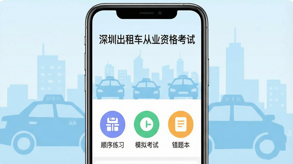 主体为一部智能手机屏幕,屏幕显示“深圳出租车从业资格考试”App主界面,上方是“深圳出租车从业资格考试”文字标题,下方有“顺序练习”“模拟考试”“错题本”三个彩色圆形图标,背景为浅蓝色城市出租车剪影,整体布局居中,排版简洁,扁平化UI风格,细节清晰,画质干净,无多余元素。