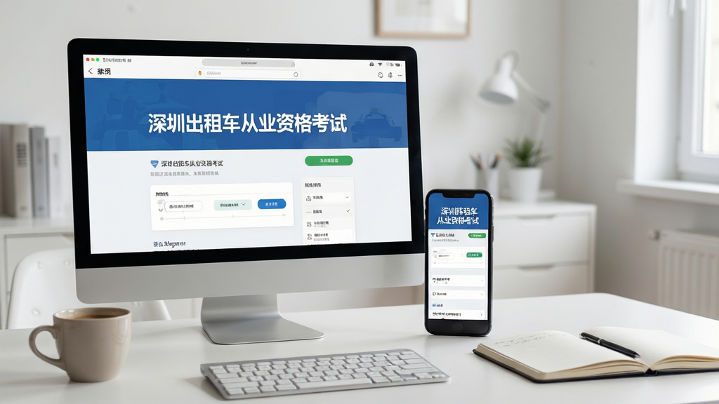 主体是电脑与手机并排摆放,屏幕上显示“深圳出租车从业资格考试”练习界面,桌面有一杯咖啡和笔记本,背景为简约书房,布局自然,排版舒适,写实摄影风格,细节清晰,画质干净,无多余元素。